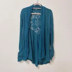 ターコイズ レースインサート カーディガン　鍵編み　袖口ギャザー