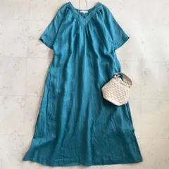 美品✨エストネーション リネン100% Vネックロングワンピース ブルー 麻 美品✨エストネーション リネン100% Vネックロングワンピース ブルー