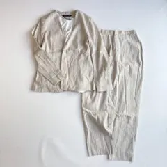 インディヴィ　麻混ノーカラーサマージャケットパンツスーツ　リネン　夏服