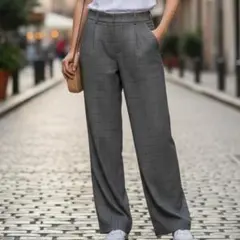 美品 ジーユー GU ワイドパンツ XL グレー チェック柄 ゴムウエスト 快適