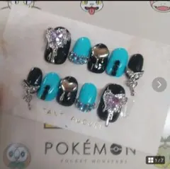 ジェルネイルチップ　地雷　黒✕ブルー　ハート　とろける　鍵