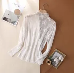 シアートップス レース 花柄 ハイネック 長袖 シースルー インナー 重ね着韓国