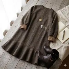 美品 アーバンリサーチロッソ ツイード 裾フリル ワンピース 膝丈 茶 フリー