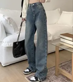 ハイウエスト ワイドレッグ デニムパンツ カジュアル ミディアムウォッシュ