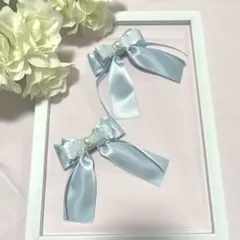 リボン　量産型　ヘアクリップ　水色