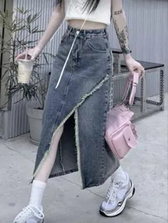 SHEIN ビンテージ フリンジスリット デニム ミニスカート、春夏