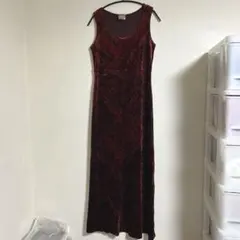 【S〜M】ヴィンテージ風 ベロア調 ロングワンピース ダマスク柄 ボルドー