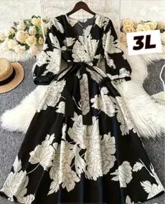 ウエストリボン付 フローラル ロングワンピース 七分袖 ホワイト×ブラック3L