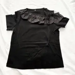 トップス フリル カットソー レディース シアー アシンメトリー 半袖 ブラック