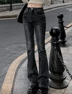 SHEIN DAZY フレアデニム ジーンズ フレアパンツ レディース ブラック