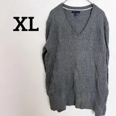 TOMMY HILFIGERVネック ケーブル編み コットンニットセーターグレー