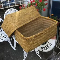 昭和レトロ　柳行李籐籠蓋付き収納箱 昭和レトロ40cm×62cm ×H/28cmのサムネイル