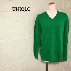 ユニクロ コットンカシミヤVネックセーター 長袖 グリーン 無地 シンプル L