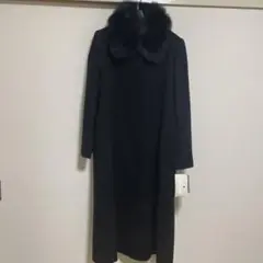 新品ファー襟付きブラックウール&カシミヤロングコート
