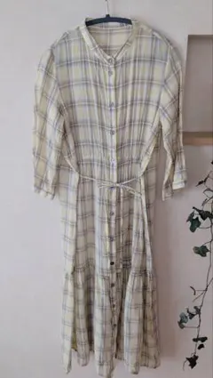 SHIPS any イエロー チェック柄 ロングシャツワンピース