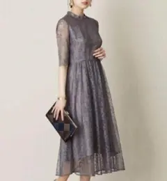 Lサイズ Aimer ラッセルレースロングドレス オケージョンワンピース グレー