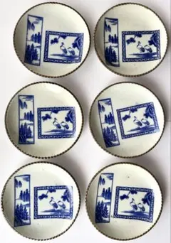 古道具 染付印判皿 6客セット 鶴と松 窓絵 時代和食器 22cm