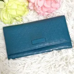 GUCCI 長財布 マイクロシマ ロゴプレート レザー ターコイズブルー