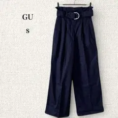 Z12-048 GU ウエストウエストフリルワイドパンツ S ネイビー ベルト付