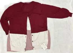 【未使用】カーディガン　ボレロ　三色切り替え　素材切り替え　赤系　ＬＬ　セシール