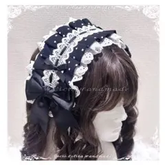 メイドゴスロリ甘ロリ黒白水玉レースリボヘッドドレスBlack•WhiteA
