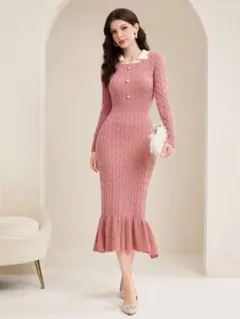 新品未使用品 ピンク リブ編み ニットワンピース 長袖