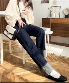 ロールアップデニムパンツ　 ジーンズ ストレート ダークブルー