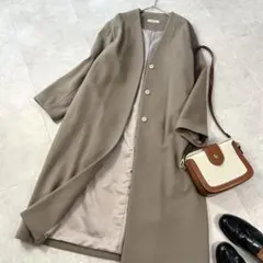 レリューム ノーカラー ロングコート ウール100 ゆったり モカ