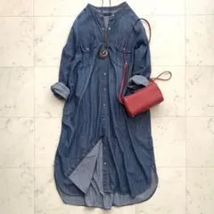 美品 アーバンリサーチ デニムシャツワンピース④　バンドカラー ブルー