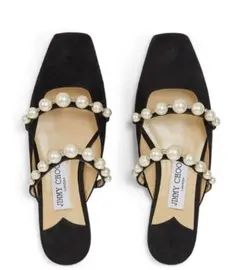 美品　ジミーチュウ　パールフラットパンプス　スリッポン　ベロア　黒　23.5