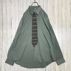 ネクタイシャツ 長袖シャツ くすみカラー グリーン系 大きめ ゆるダボ XL