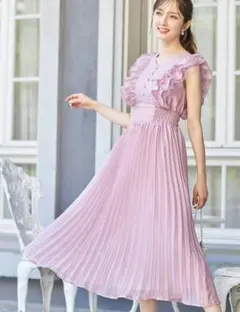 ウエストシャーリングチュールフリルプリーツワンピース　ピンク