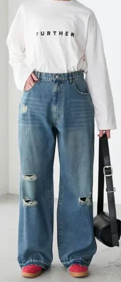 forksy. ダメージワイド デニムパンツ モノマート
