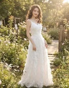 プレゼント付！M フェザードレス 白 ロング ウェディング 結婚式 前撮り