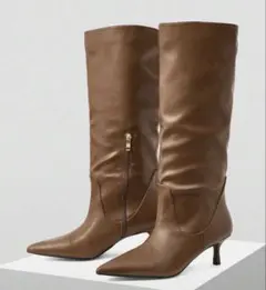 ブラウンレザー ロングブーツ サイドファスナー