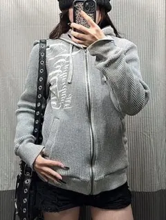 グレー メッシュ ジップアップパーカー 英字 グランジ y2k お兄系