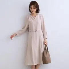 INDIVI洗えるキーネックフレアワンピースピンク38