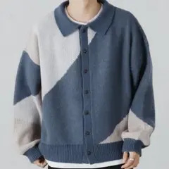 ニットカーディガン 襟付き L 青×ベージュ