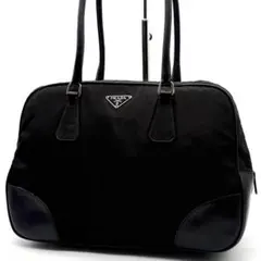 希少 PRADA ボーリングバッグ 黒色 ナイロン×レザー ミニボストン 白