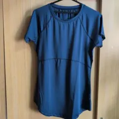 ネイビー 半袖 ヨガウェア　　L size　切り替え下 Aライン