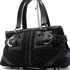 極美品● コーチ ハンドバッグ シグネチャー ロゴ キャンバス レザー ブラック