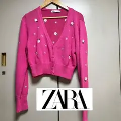 春ZARA コットン花刺繍カーディガン　ピンク　L