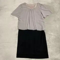 【ミッシェルクラン】グレー ブラウスと黒 スカート ワンピース34 半袖★