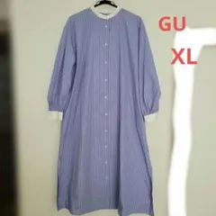 GU　長袖ロングワンピース　XLサイズ　ブルー×ホワイト　ストライプ柄