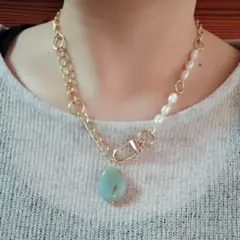 淡水パール　ネックレス　ゴールドチェーン　ブルー　ペンダント付きネックレス