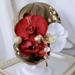 胡蝶蘭和装髪飾り 赤いベルベット胡蝶蘭の髪飾り 結婚式 卒業式 成人式 七五三