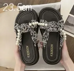 サンダル　厚底　リボン　パール　白黒模様　ホワイト厚底　23.5㎝　新品未使用