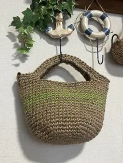 天然素材 コロンとした麻紐かごバッグ ベージュ✖️グリーン
