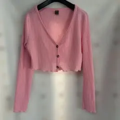SHEIN ワッフル素材 Vネック カーディガン ピンク XL