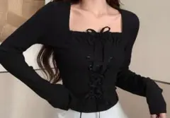 黒いリブ編み長袖トップス S/M